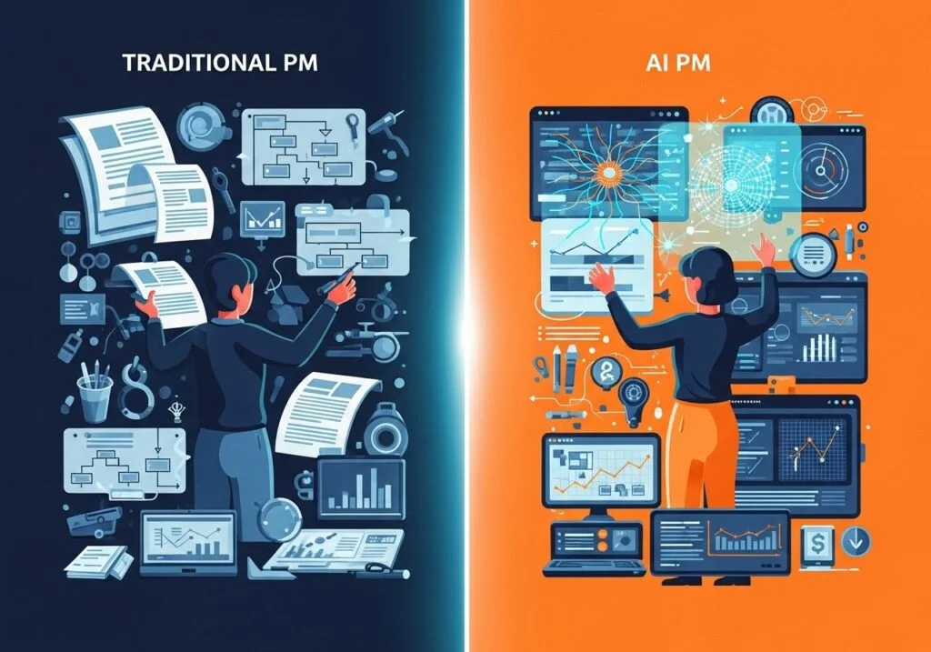 Traditional PM vs AI PM (이미지 출처: mixboard로 생성)