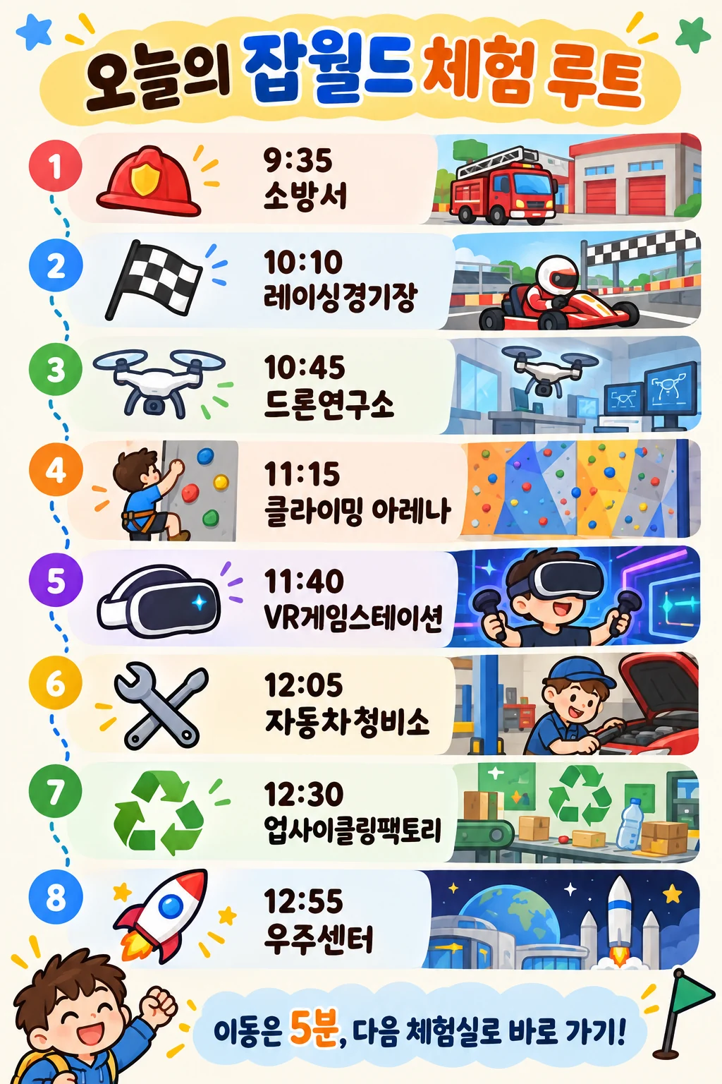 gpt-image-2로 다시 그린 공유용 이미지. 소방서부터 우주센터까지 8개 체험의 시작 시각과 아이콘이 순서대로 놓여 있다