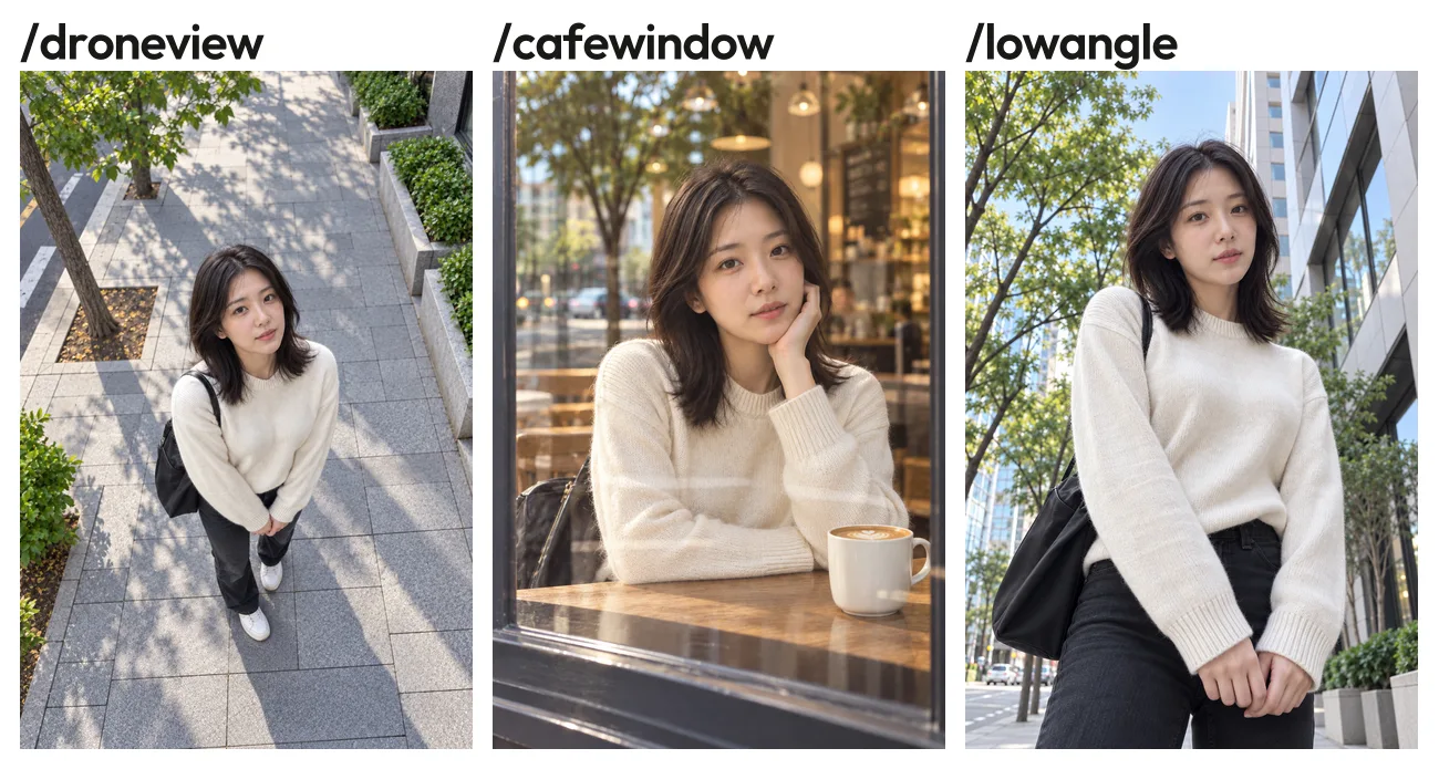 ChatGPT 이미지 코드 droneview, cafewindow, lowangle 결과. 위에서 본 인도, 카페 창가 자리, 아래에서 올려다본 구도