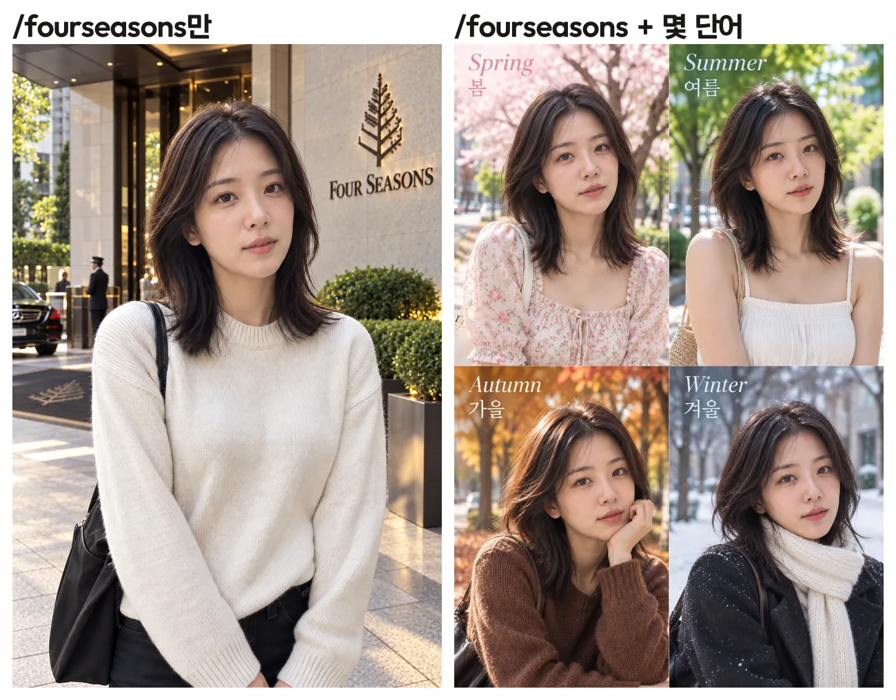 ChatGPT 이미지 코드 fourseasons 전후. 코드만 보내면 호텔 앞 사진, 몇 단어를 더하면 봄 여름 가을 겨울 2×2 그리드