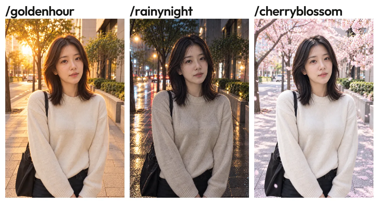 ChatGPT 이미지 코드 goldenhour, rainynight, cherryblossom 결과. 노을빛 거리, 비 오는 밤 거리, 벚꽃 가로수 아래 인물 사진
