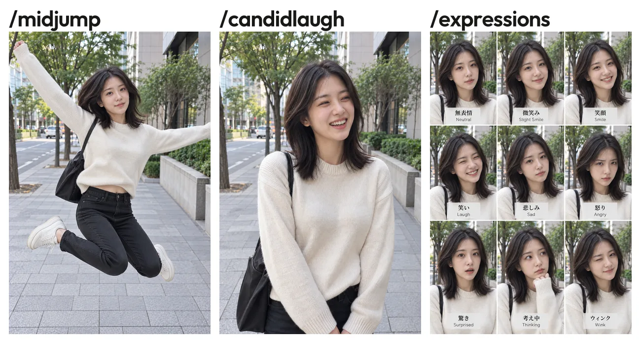 이미지 코드 midjump, candidlaugh, expressions 결과. 점프하는 인물, 활짝 웃는 인물, 표정 9개 그리드