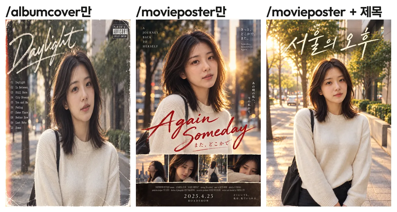ChatGPT 이미지 코드 albumcover, movieposter, 제목을 적은 movieposter 결과. 지어낸 영어와 일본어 문구가 든 표지와 서울의 오후 한 줄만 든 포스터