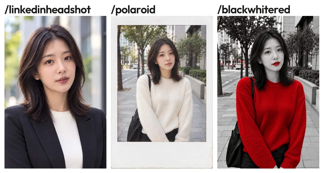 이미지 코드 linkedinheadshot, polaroid, blackwhitered 결과. 블레이저 상반신 사진, 흰 테두리 즉석사진, 빨간 니트만 남은 흑백 사진