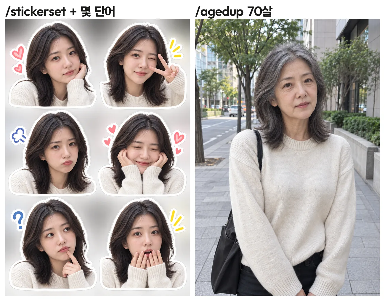 이미지 코드 stickerset과 agedup에 몇 단어를 더한 결과. 표정이 다른 스티커 6장, 흰머리와 주름이 생긴 70대 모습