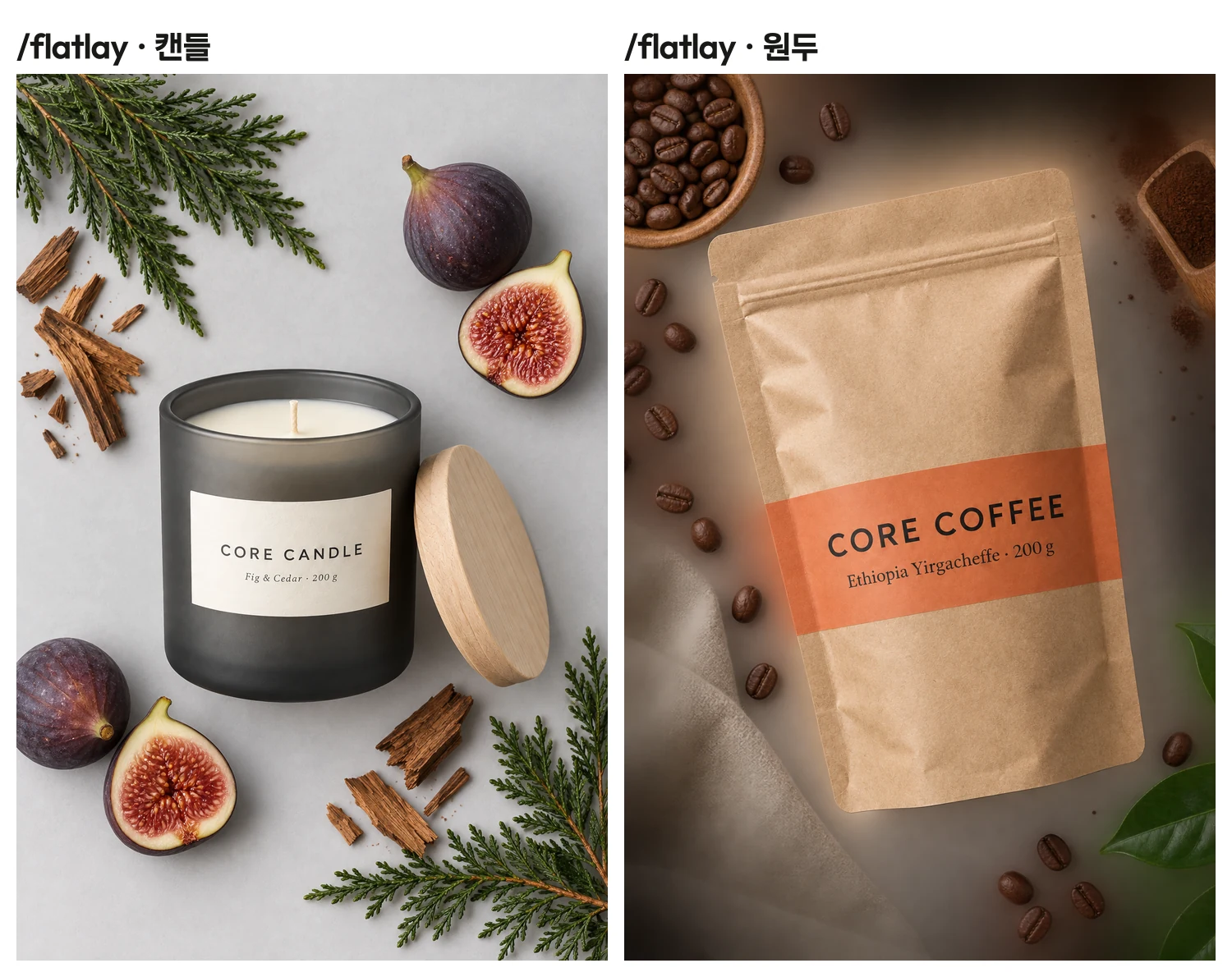ChatGPT 이미지 코드 flatlay 결과. 무화과와 삼나무에 둘러싸인 캔들, 원두와 커피 가루에 둘러싸인 원두 파우치