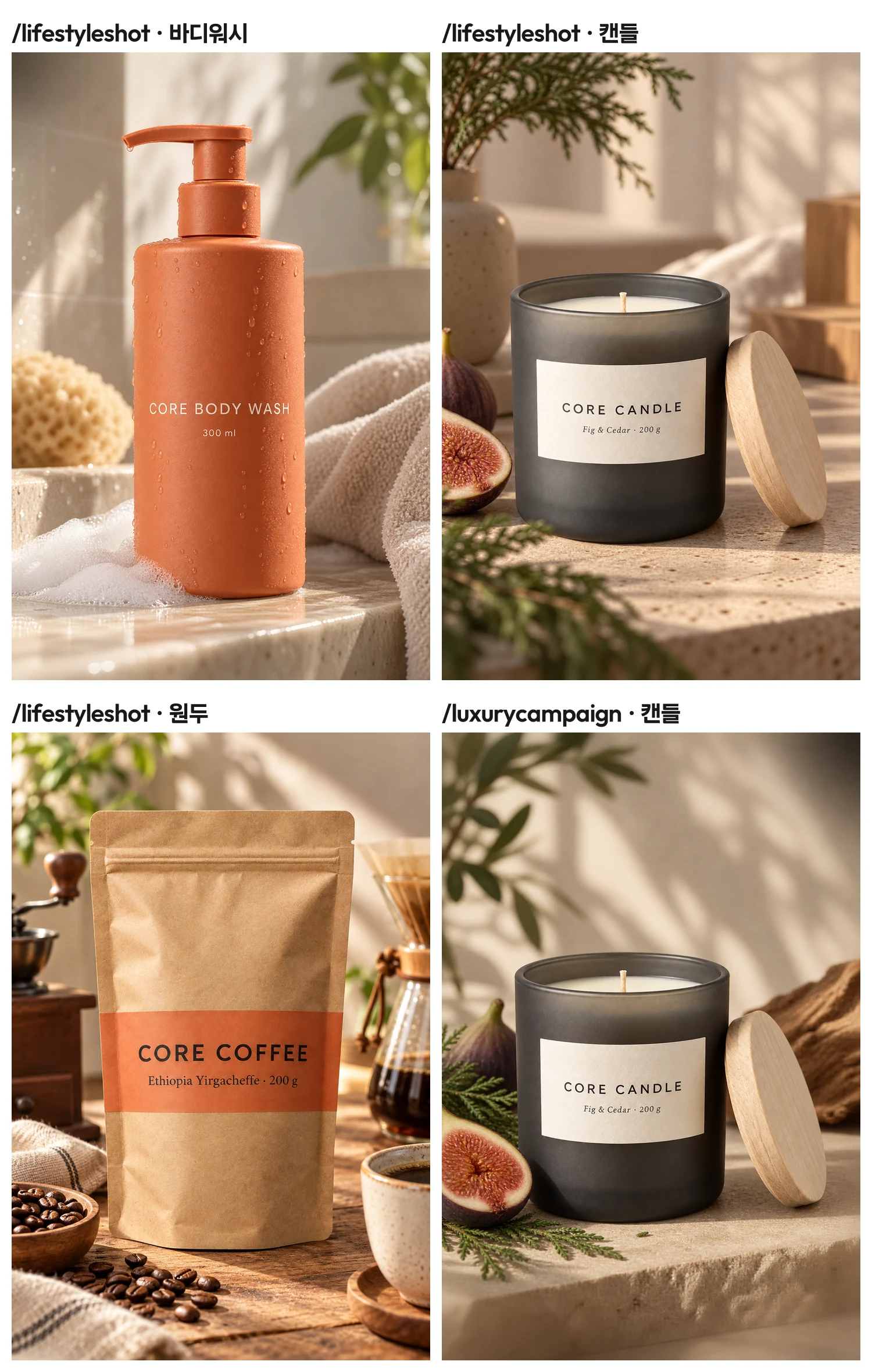 ChatGPT 이미지 코드 lifestyleshot 결과 3장과 luxurycampaign 결과 1장. 욕실 선반, 돌 선반, 나무 테이블 위 제품